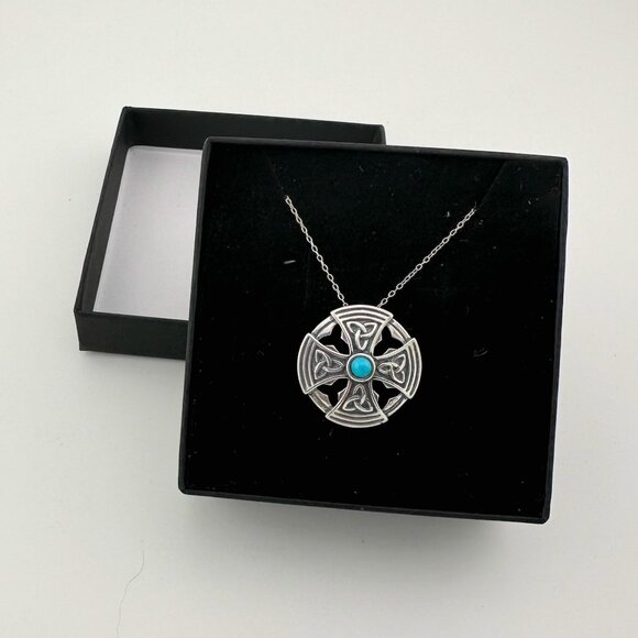 Natural Turquoise Gem in Sterling Silver Celtic Cross - Pendant with Chain - Picture 7 of 7